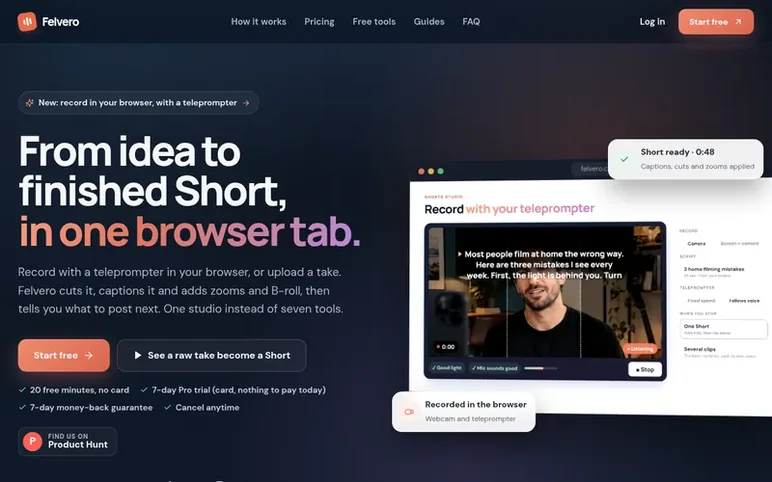 Screenshot of the Felvero homepage