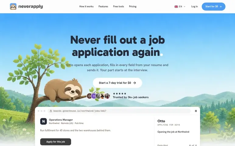 Screenshot of the NeverApply homepage