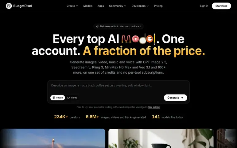 Screenshot of the BudgetPixel homepage
