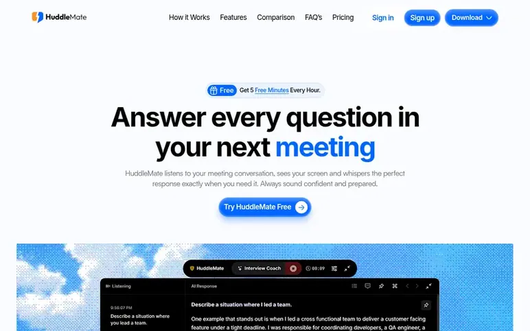 Screenshot of the HuddleMate homepage