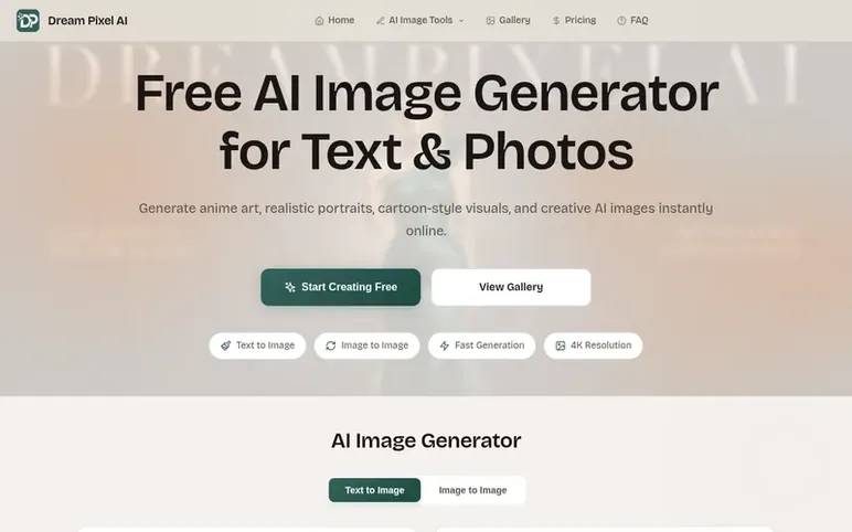 Screenshot of the DreamPixel AI homepage