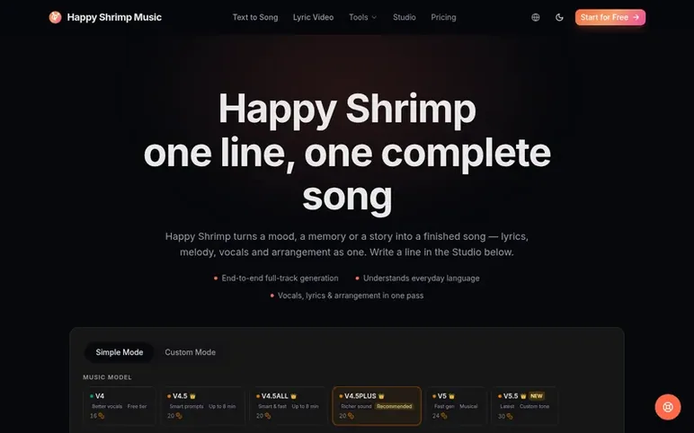 Screenshot of the Happy Shrimp homepage