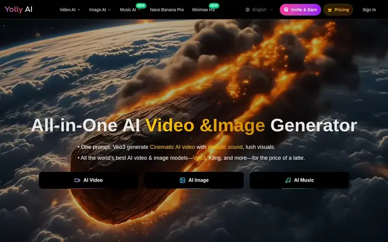 Screenshot of the Yolly AI homepage