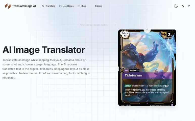 Screenshot of the TranslateImage AI homepage