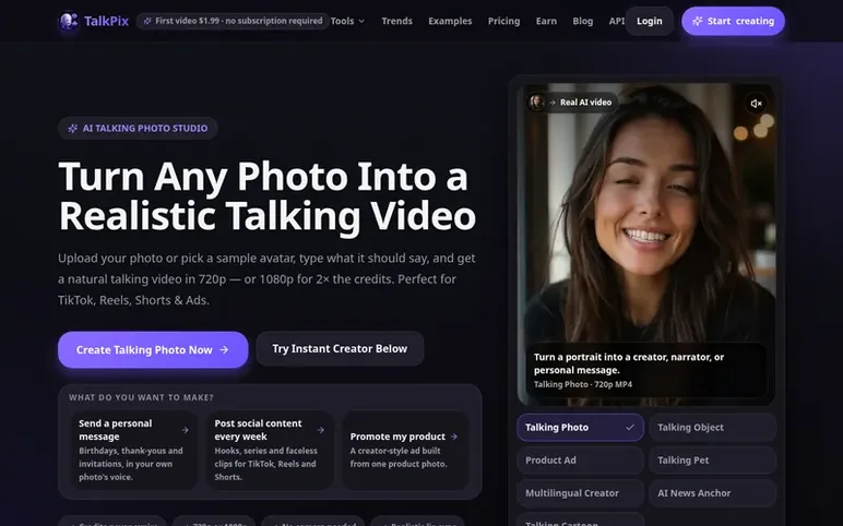Screenshot of the TalkPix homepage