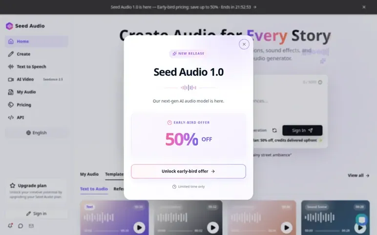 Screenshot of the Seed Audio homepage