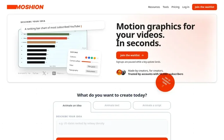 Screenshot of the Moshion homepage