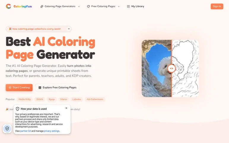 Screenshot of the ColoringFam homepage
