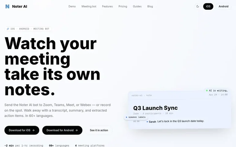 Screenshot of the Noter AI homepage