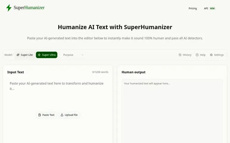 Screenshot of the SuperHumanizer homepage