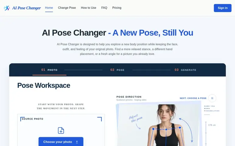 Screenshot of the AI Pose Changer homepage