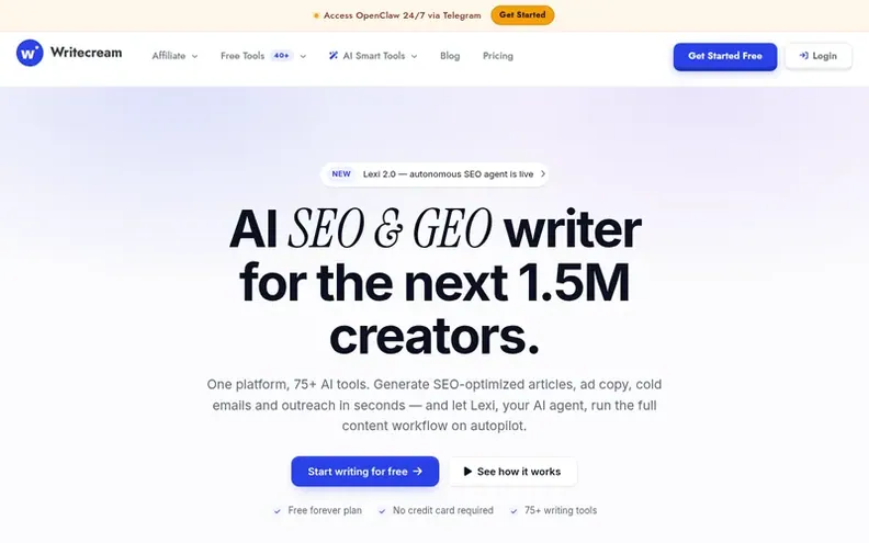 Screenshot of the Writecream homepage