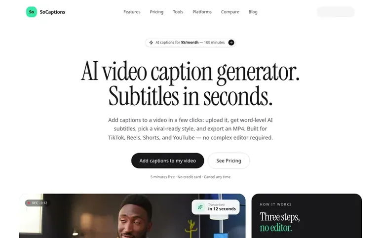 Screenshot of the SoCaptions homepage