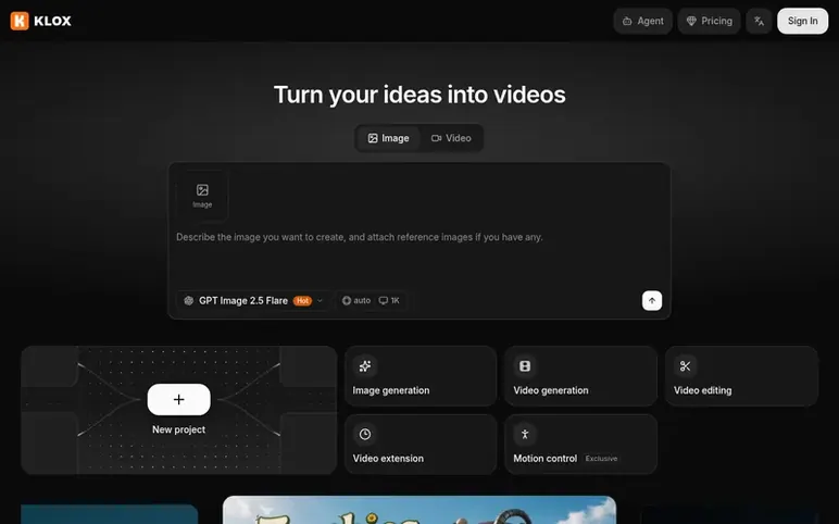 Screenshot of the Klox homepage