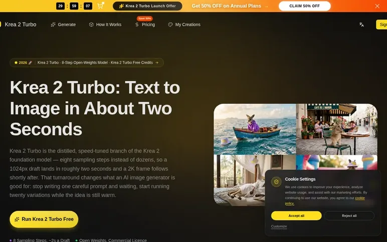 Screenshot of the Krea 2 Turbo homepage