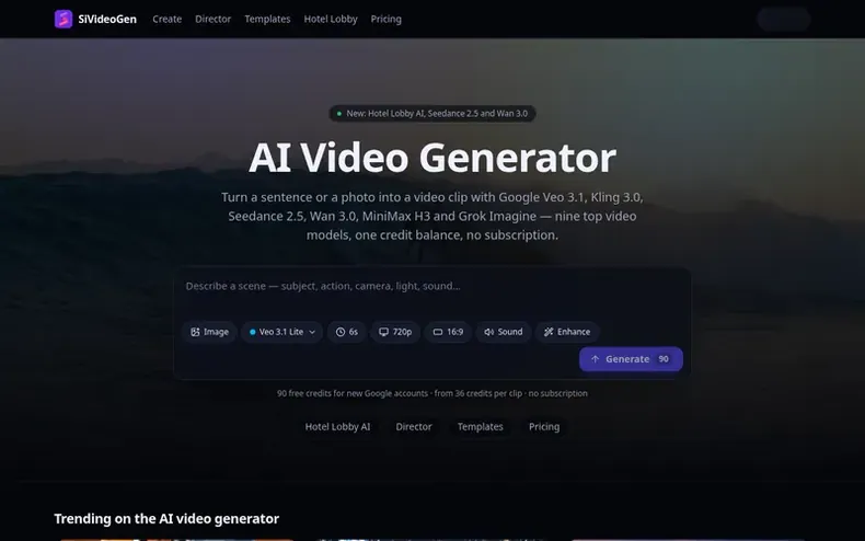 Screenshot of the SiVideoGen homepage