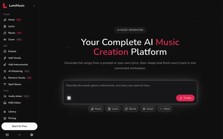 Screenshot of the LumiMusic homepage