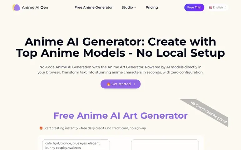 Screenshot of the Anime AI Generator homepage