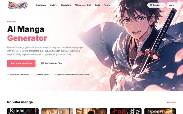 Screenshot of the Manga AI homepage