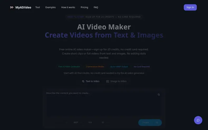 Screenshot of the MyAIVideo homepage