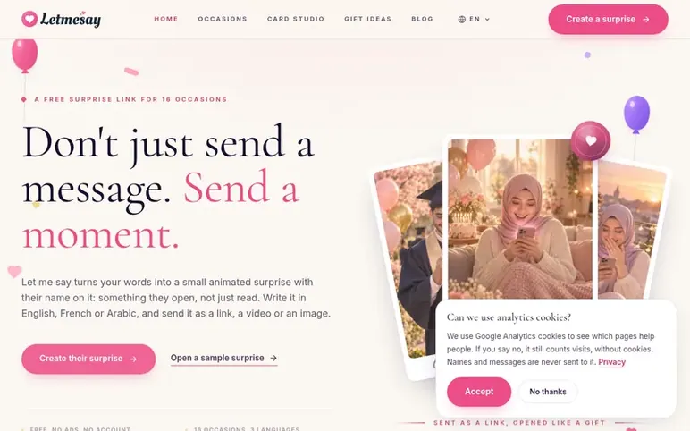 Screenshot of the Let me say homepage