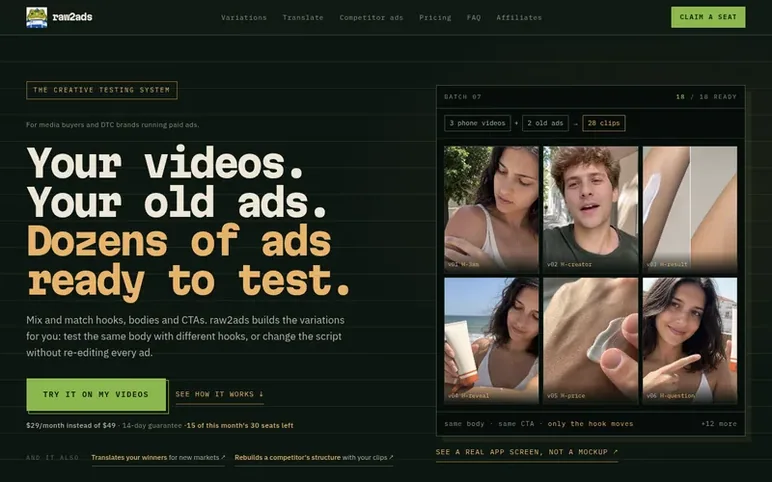 Screenshot of the raw2ads homepage
