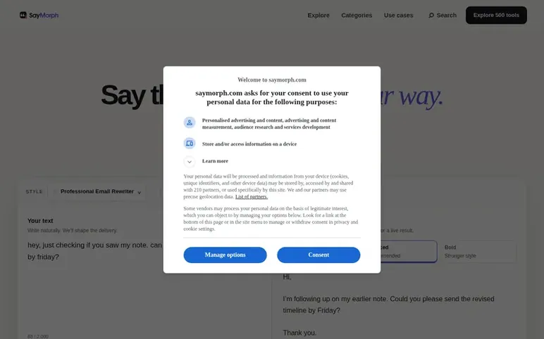 Screenshot of the SayMorph homepage