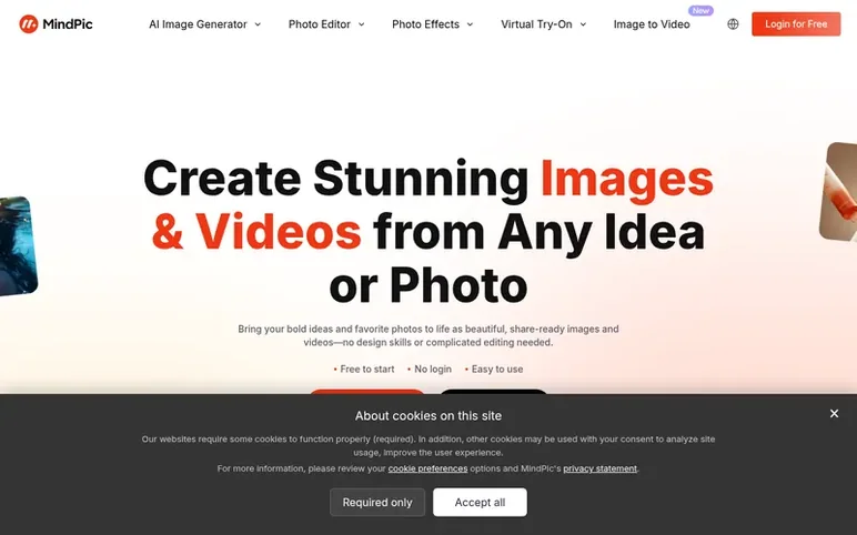 Screenshot of the MindPic AI homepage