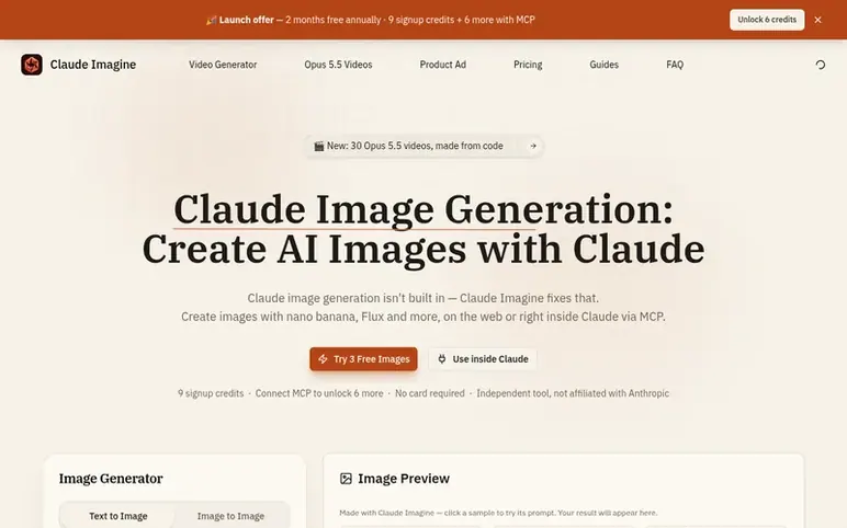 Screenshot of the Claude Imagine homepage