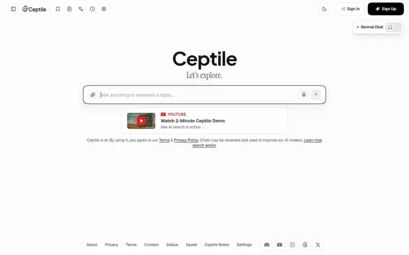 Screenshot of the Ceptile homepage