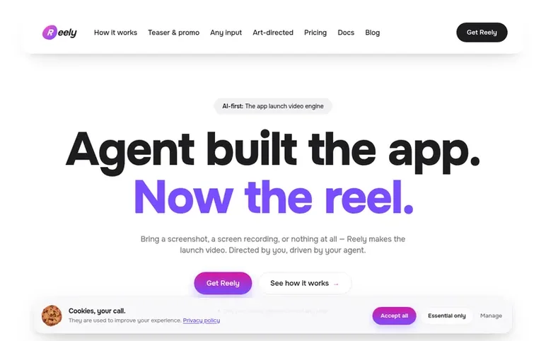 Screenshot of the Reely homepage