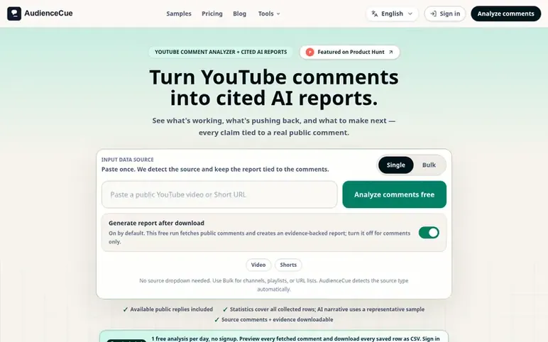 Screenshot of the AudienceCue homepage