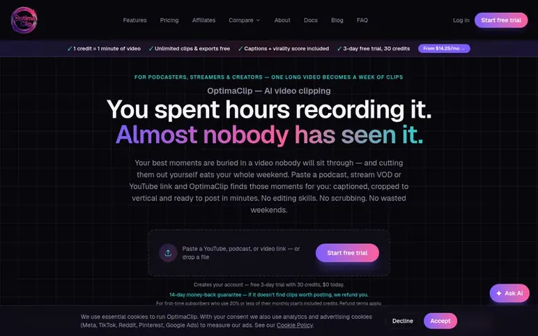 Screenshot of the OptimaClip homepage