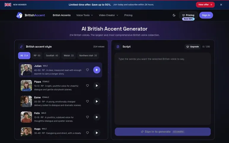 Screenshot of the British Accent Generator homepage