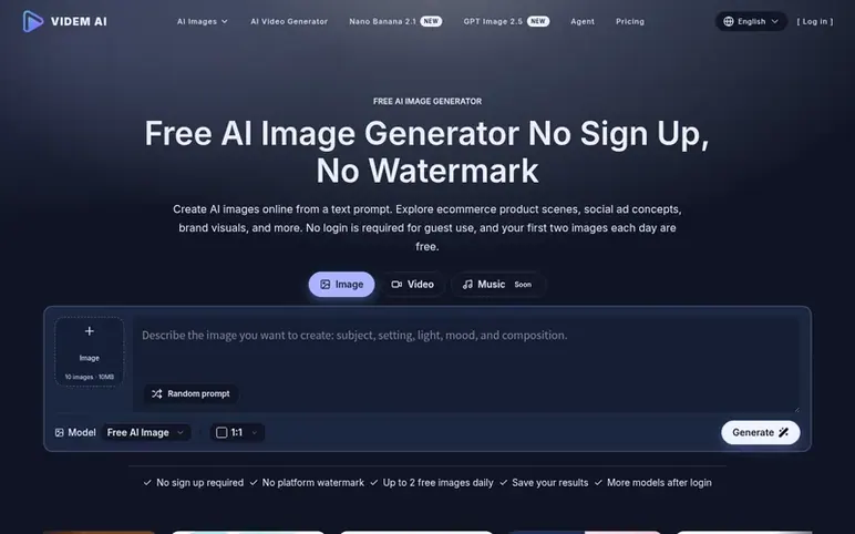 Screenshot of the Videm homepage