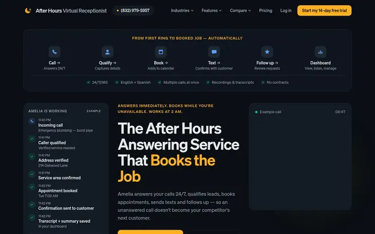 Screenshot of the After Hours Virtual Receptionist homepage