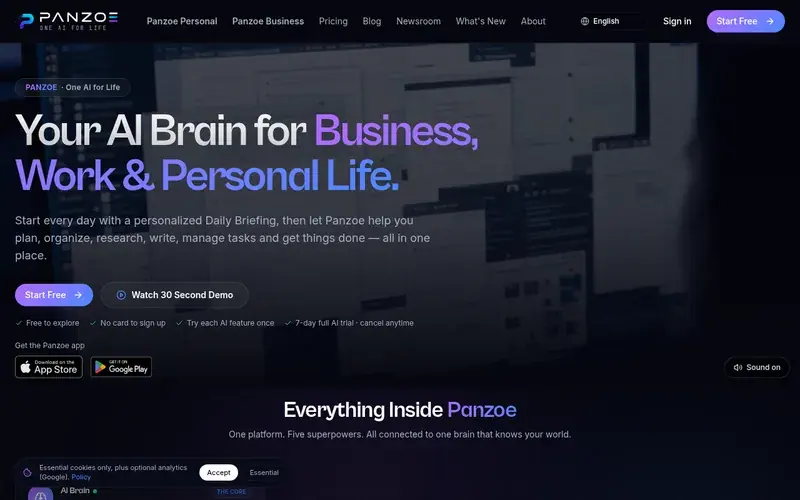 Screenshot of the Panzoe homepage