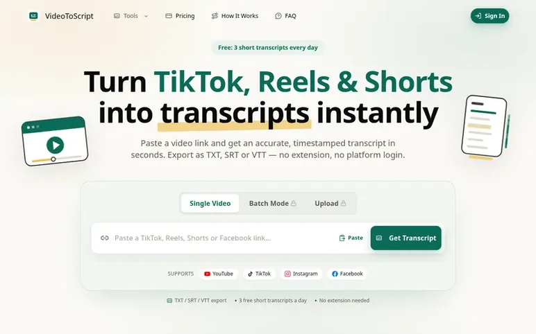 Screenshot of the VideoToScript homepage