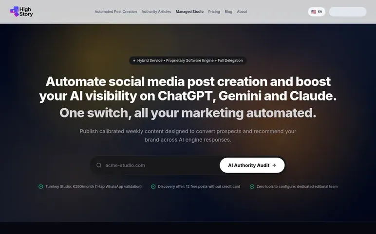 Screenshot of the High Story homepage