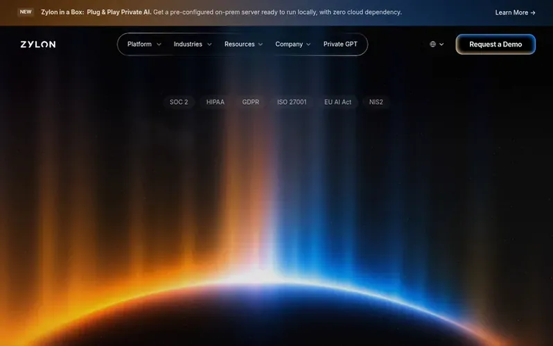 Screenshot of the Zylon homepage