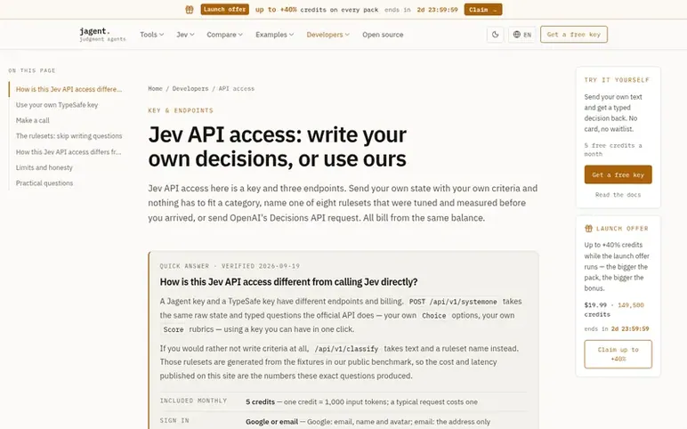 Screenshot of the Jev homepage