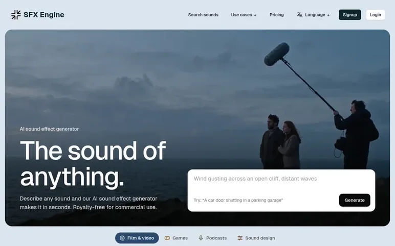 Screenshot of the SFX Engine homepage