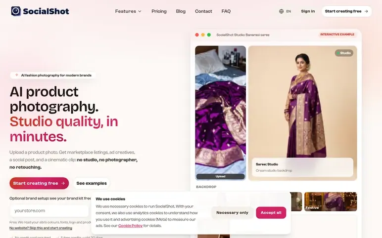 Screenshot of the SocialShot AI homepage