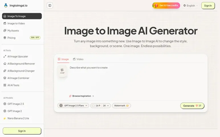 Screenshot of the Imgtoimgai.io homepage