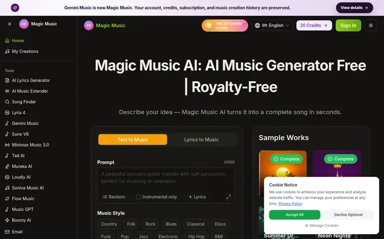 Screenshot of the Magic Music homepage