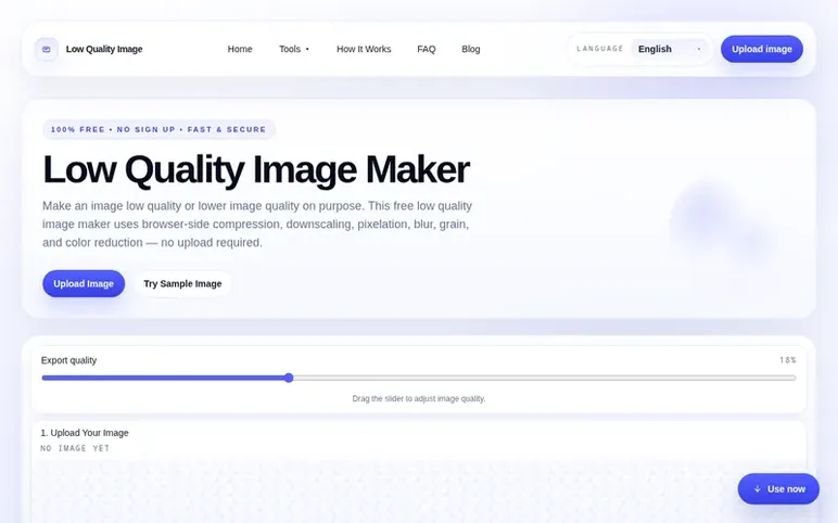 Screenshot of the Low Quality Image Maker homepage