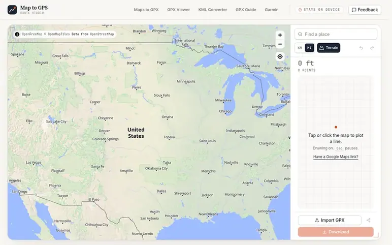 Screenshot of the Map to GPS homepage