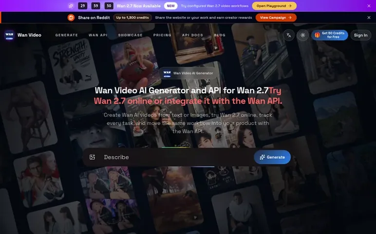 Screenshot of the Wan Video homepage