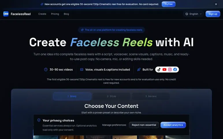 Screenshot of the FacelessReel homepage