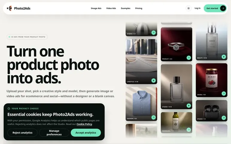 Screenshot of the Photo2Ads homepage